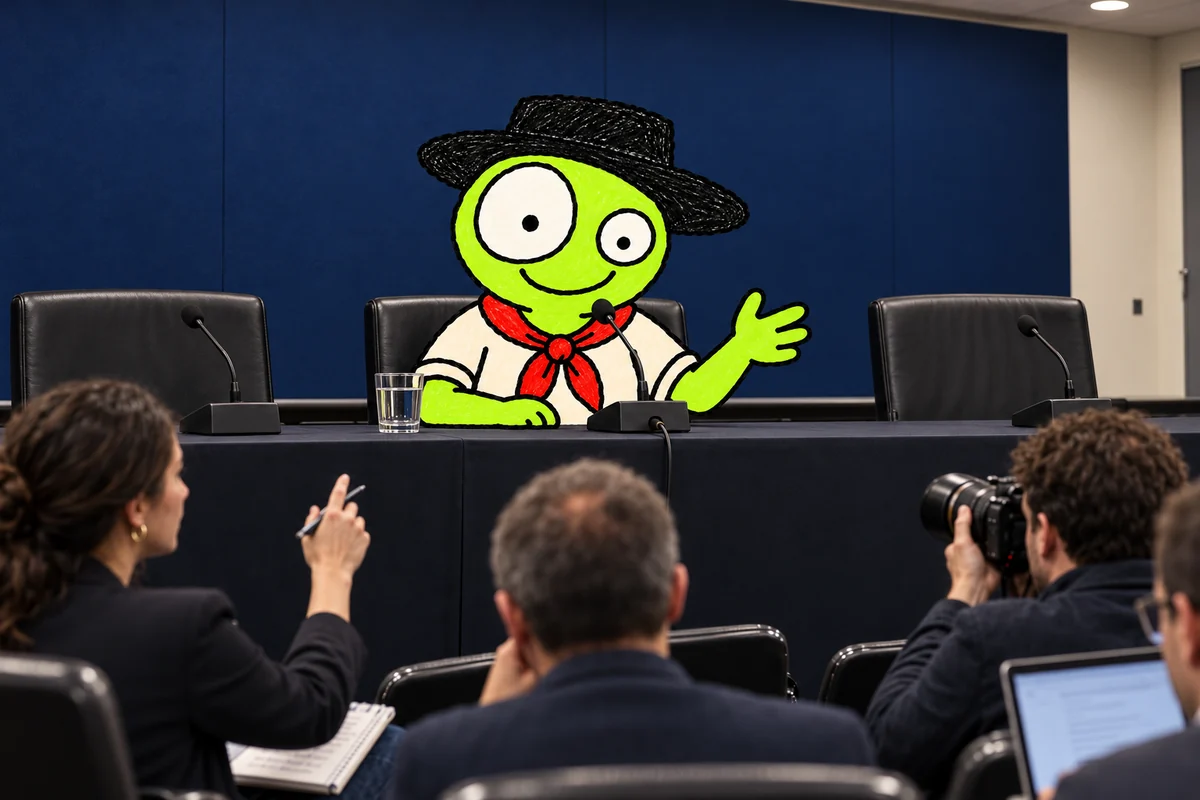 Gaucho F.C.'s mascot at a press conference with journalists.