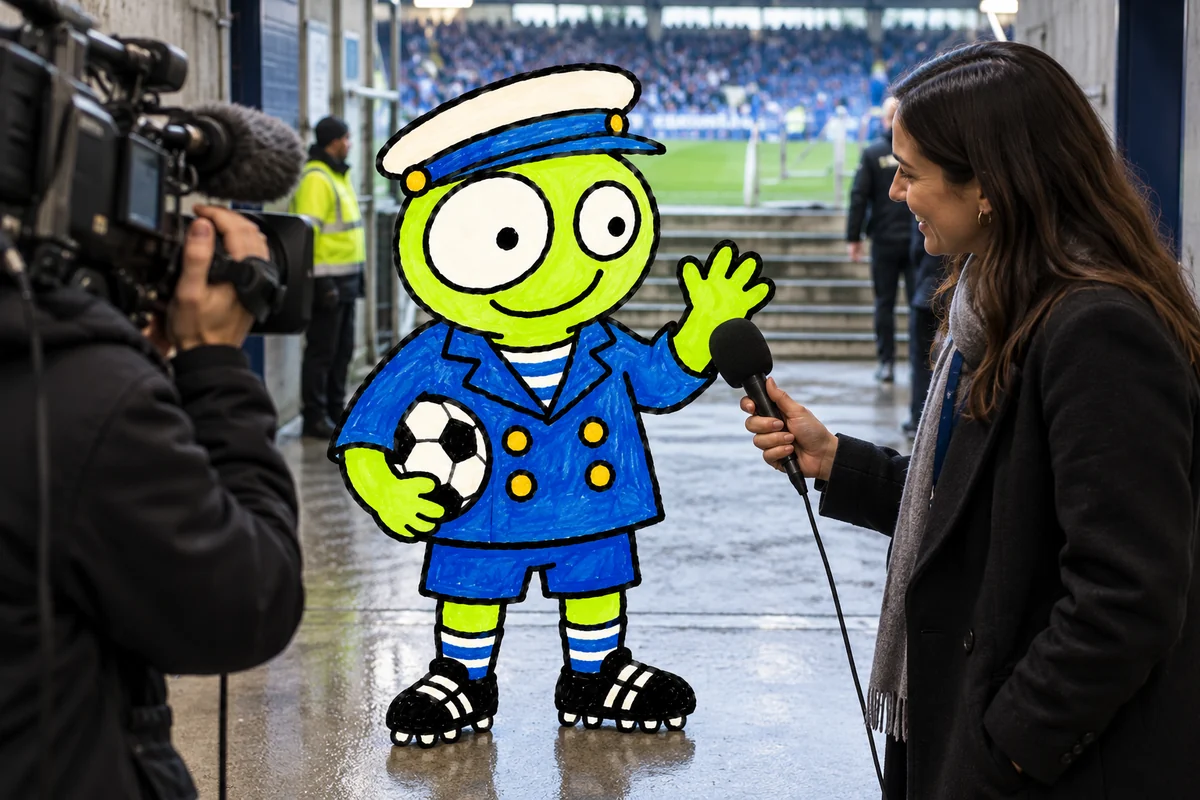 captain bruno's mascot at a press conference with journalists.