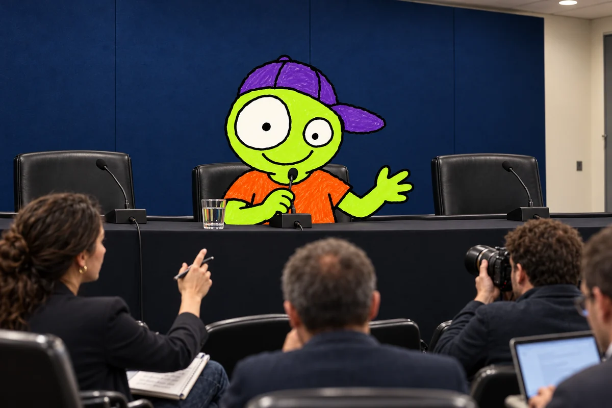 Bart's Team's mascot at a press conference with journalists.