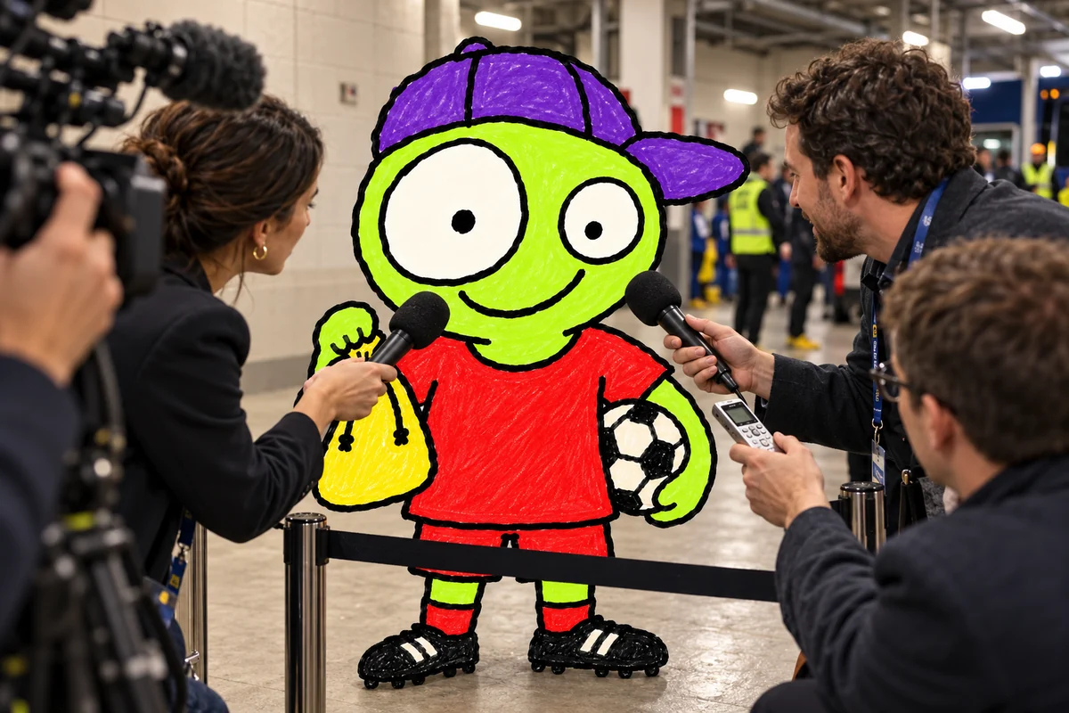 Saka la bolsita's mascot at a press conference with journalists.