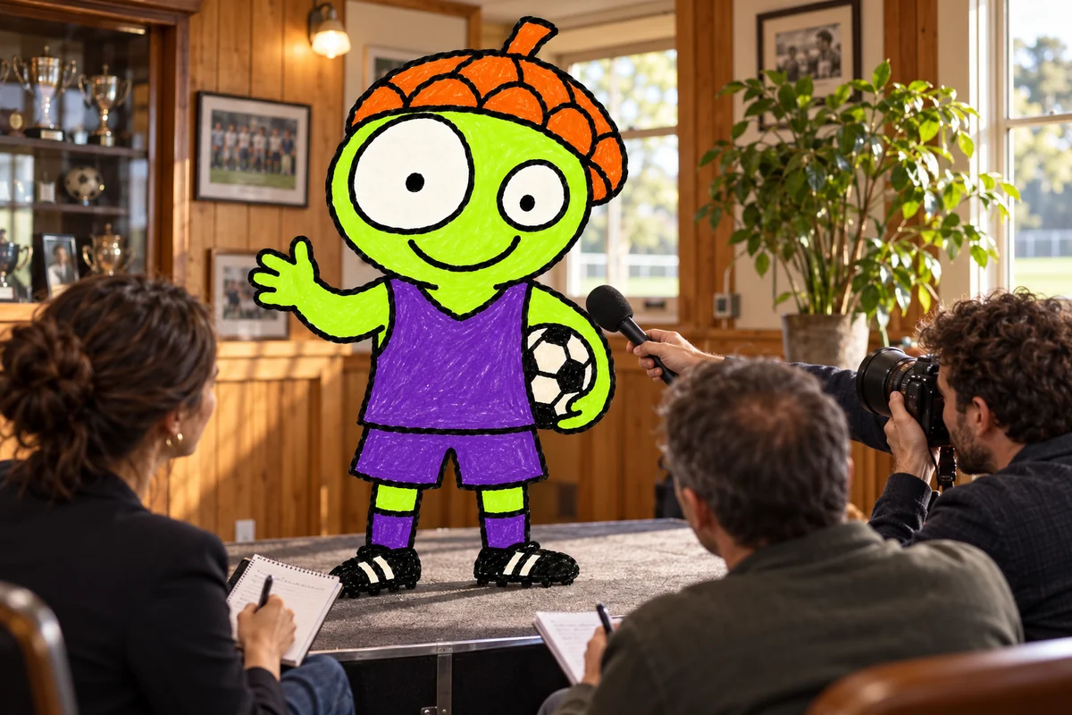 sakadeez's mascot at a press conference with journalists.