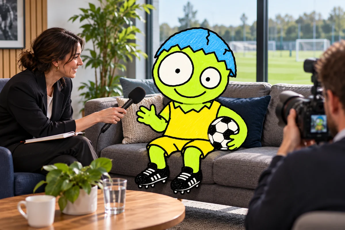 Newpi's mascot at a press conference with journalists.
