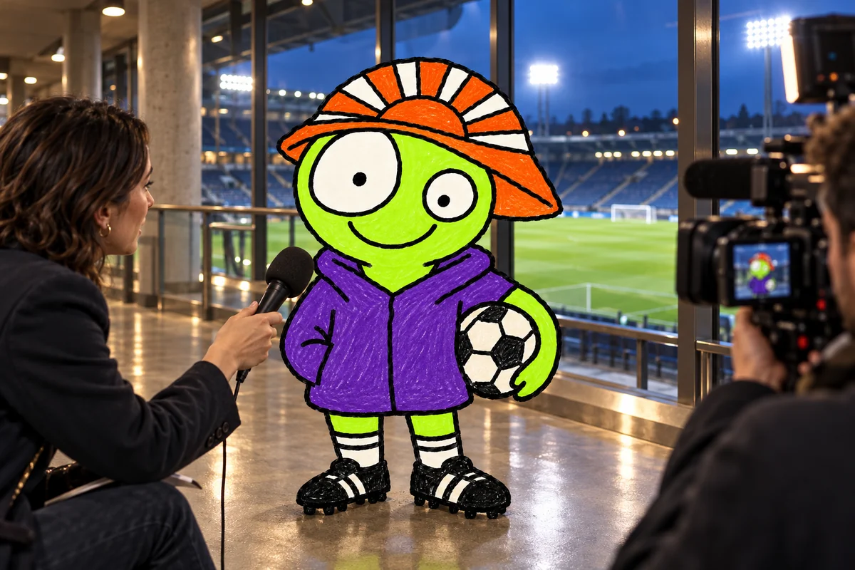 Akatsuki's mascot at a press conference with journalists.