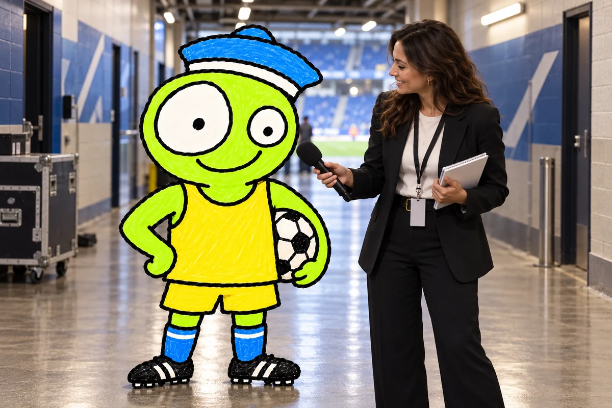 papoy's mascot at a press conference with journalists.