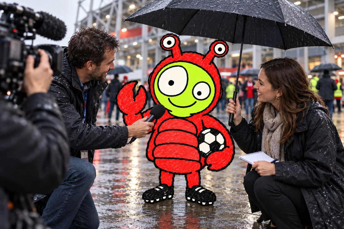 Red Lobster FC's mascot at a press conference with journalists.