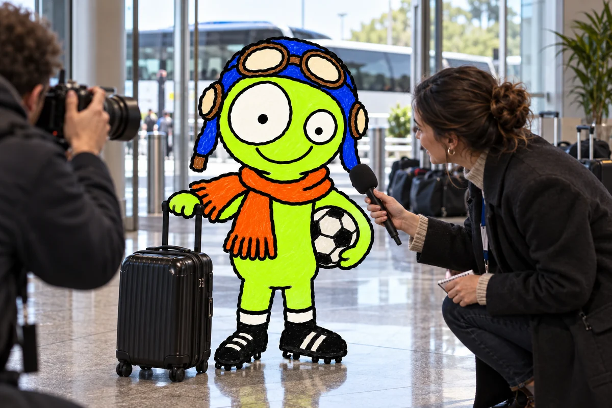 fc rtw's mascot at a press conference with journalists.