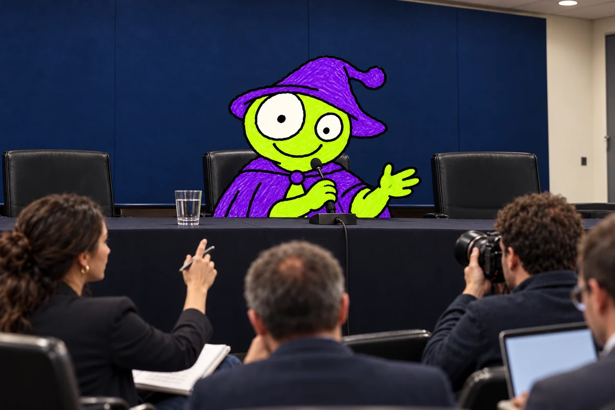 szobamela's mascot at a press conference with journalists.