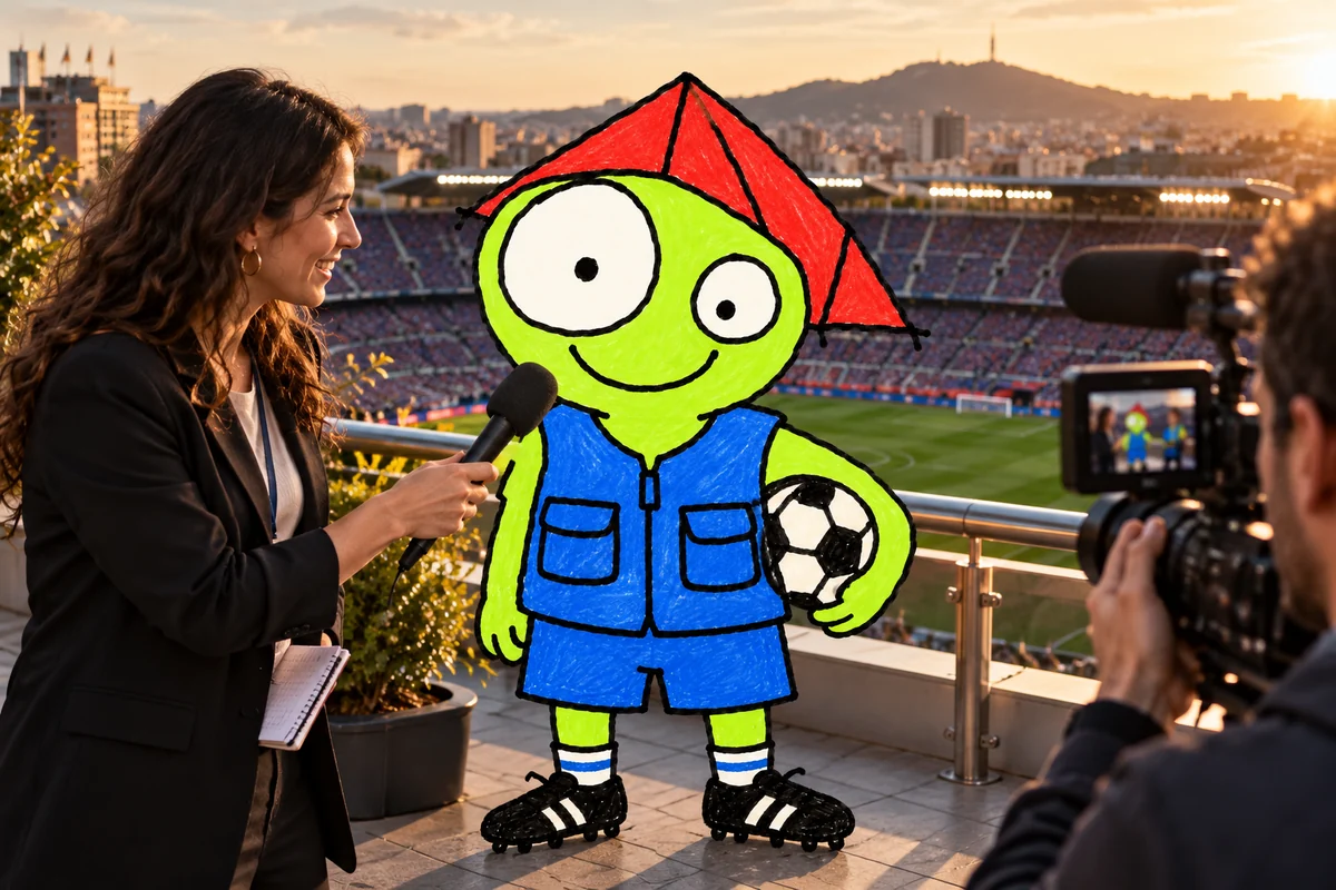 Camp Nou Way's mascot at a press conference with journalists.
